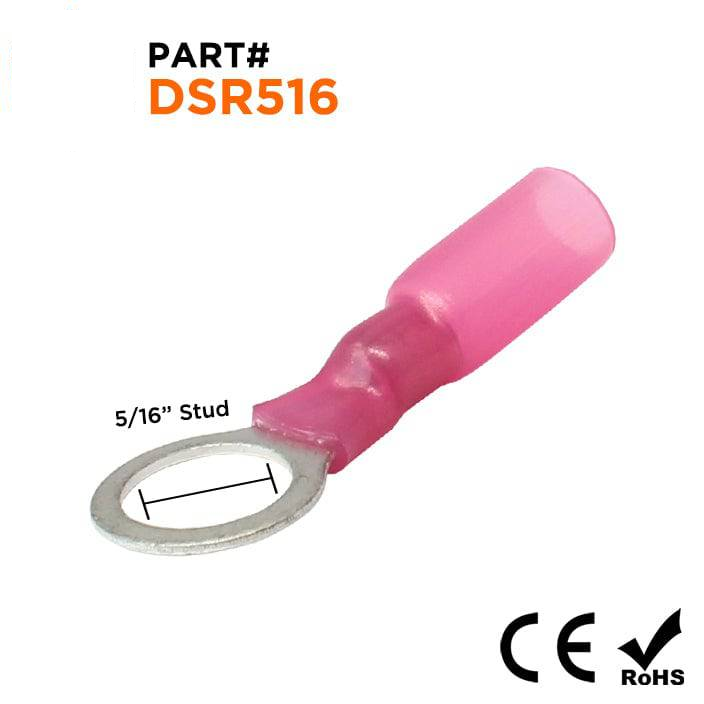 22 to 16 AWG Heat Shrink Ring Terminals, 5/16" Stud, Polyolefin, 25 Pieces - DSR516