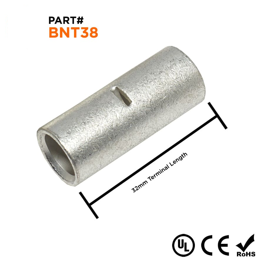 BNT38 - 2 AWG Non Insulated Butt Splice Connectors, 1 1/4" Length, UL Approved, 10 Pieces