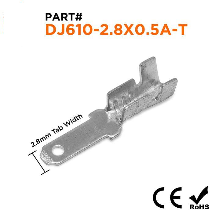 DJ610-2.8X0.5T - 22 to 16 AWG Tin Plated Male Open Barrel Quick Disconnects, No Locking Tab, 100 Pieces