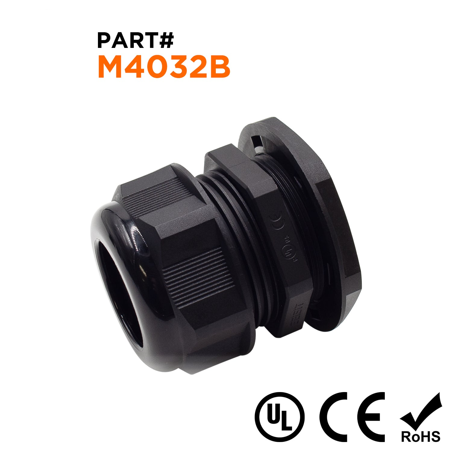 M4032B - M40 x 1.5mm Metric Rosca De nailon Prensaestopas, Negro, Rango: 7/8" a 1-1/4", UL Listed, IP68, IP69K - 1 pieza