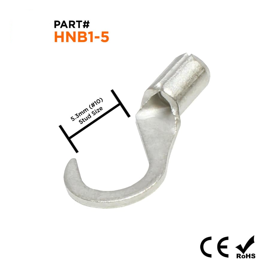 22-16 AWG Non Insulated Hook Terminals, #10 Stud, Brazed Seam, UL, - HNB1-5