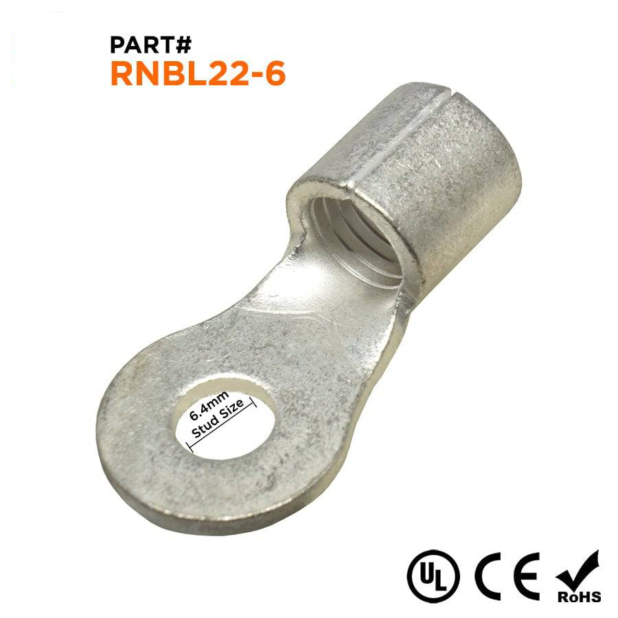 RNBL22-6 - 4 AWG Sin aislamiento Terminales de anillo, 1/4" Orificio, UL Recognized, 25 piezas