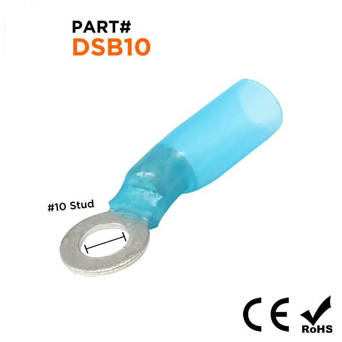DSB10 - 16 to 14 AWG Heat Shrink Ring Terminals, #10 Stud, Polyolefin, 25 Pieces