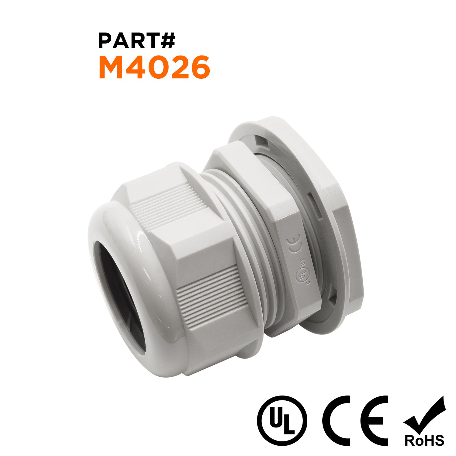 M4026GY - M40 x 1.5mm Metric Thread Nylon Cable Gland, Gray, Range: 13/16" to 1", UL Listed, IP68, IP69K - 1 Piece