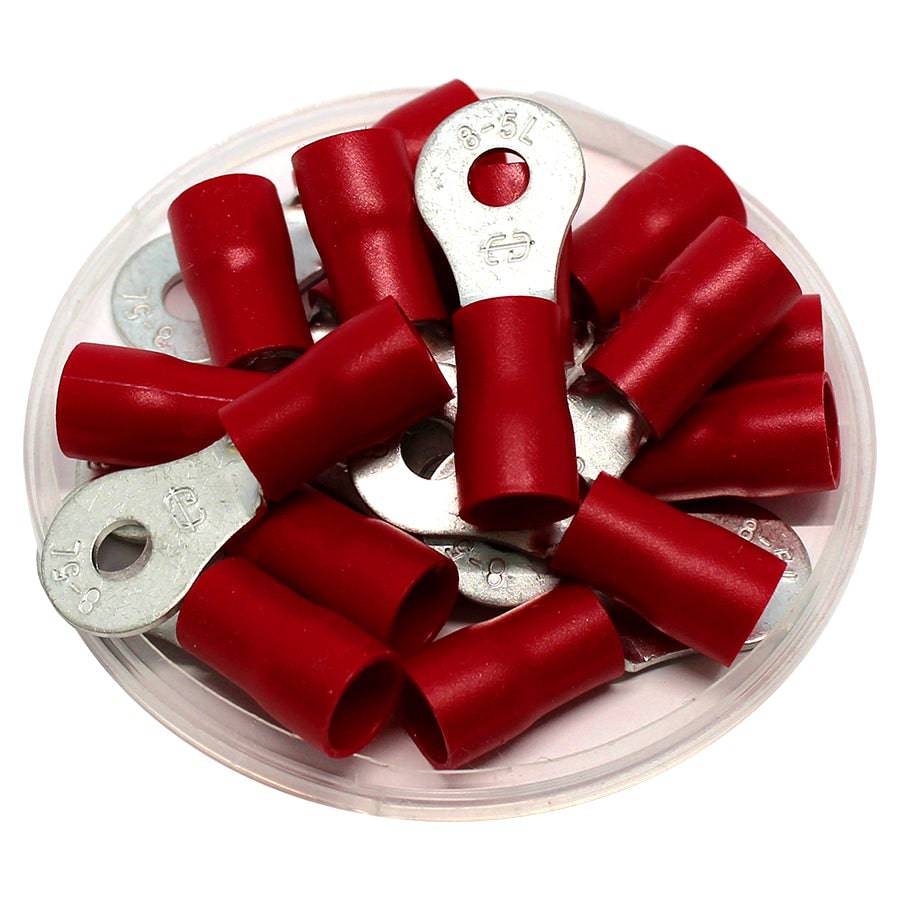 RVBL8-5 - 8 AWG PVC Vinyl Insulated Ring Terminals, #10 Stud, Red, 50 Pieces