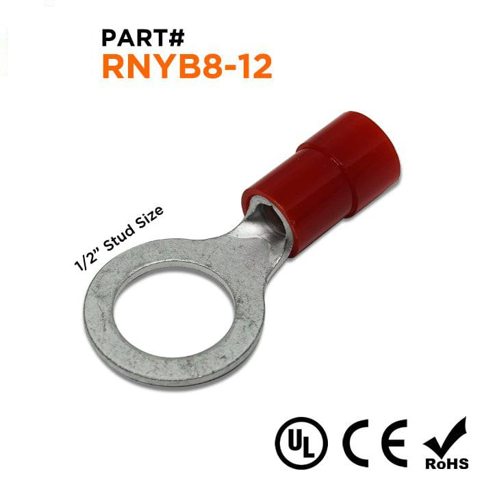 RNYB8-12 - 8 AWG Nylon Insulated Ring Terminals, 1/2" Stud, 10 Pieces