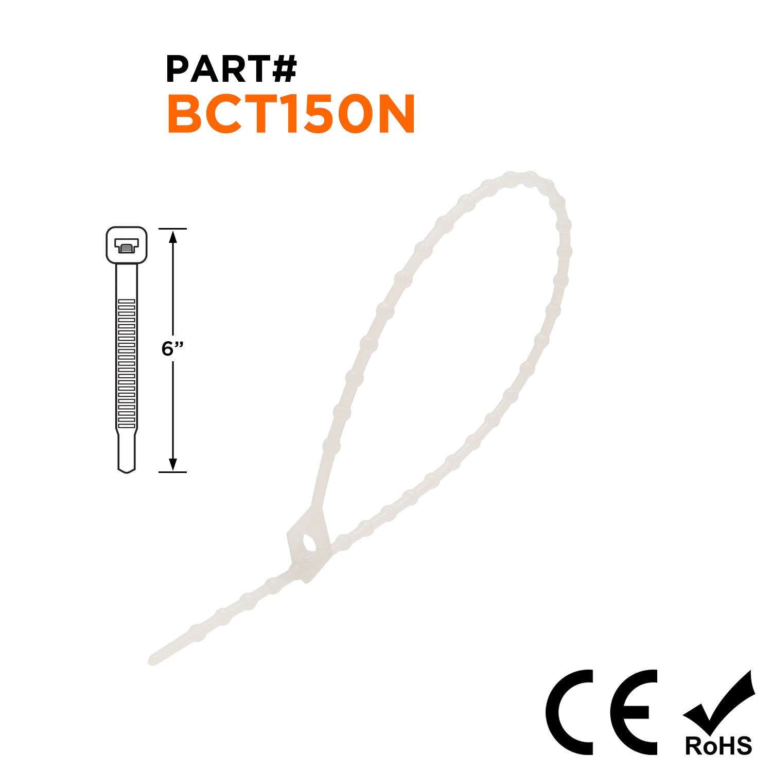 BCT150N - 6" Standard Beaded Nylon Reusable Cable Ties, 40-lb Tensile Strength, Natural, 100-Pack