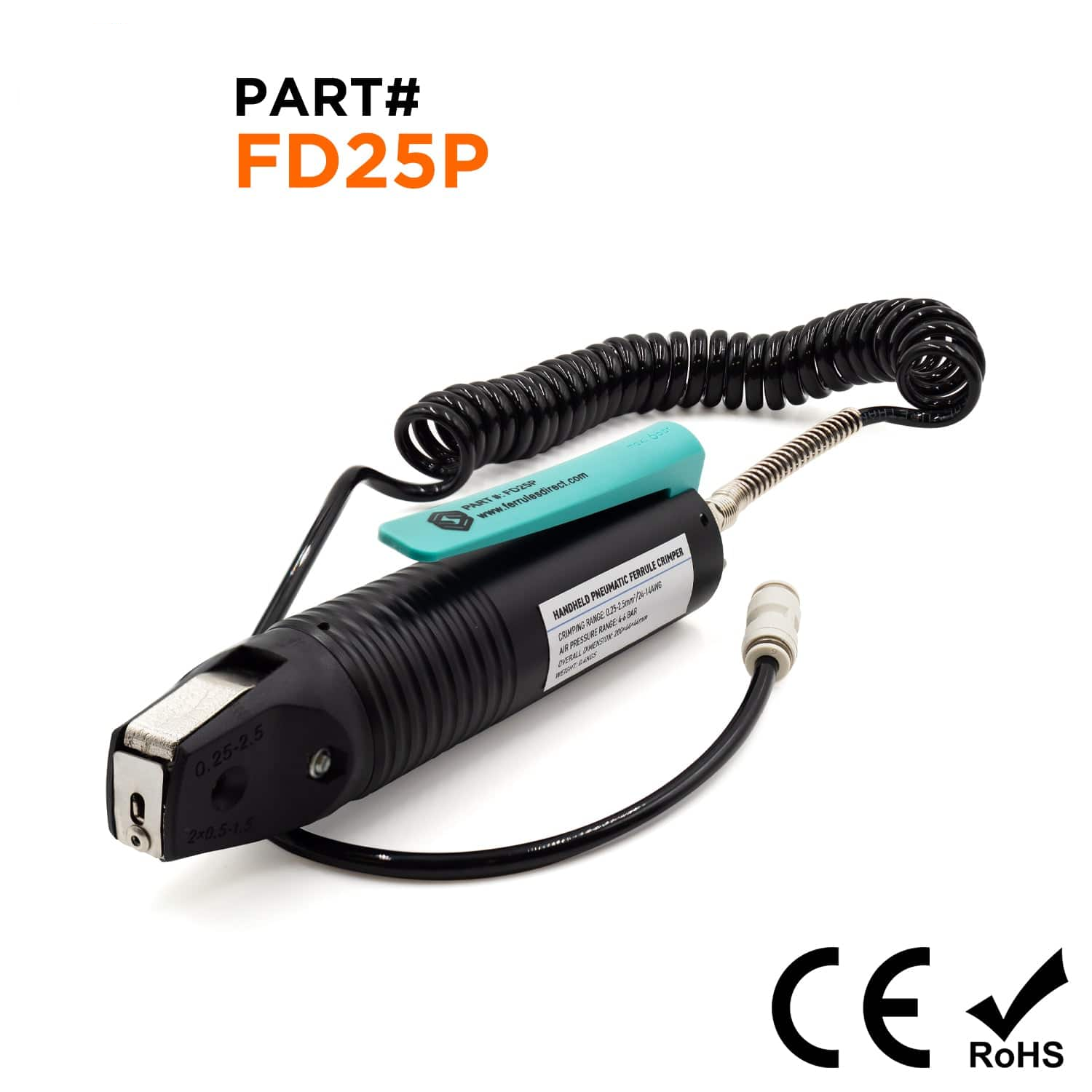 FD25P - 24 to 14 AWG Handheld Pneumatic Ferrule Crimping Machine, Trigger Activated, Trapezoidal Crimp