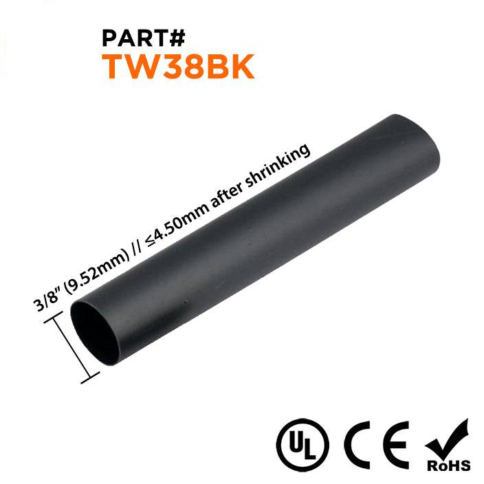 TW38BK - 3/8" De pared fina Tubo termorretráctil, 2:1 Relación de contracción, Negro, Bobina de 328ft