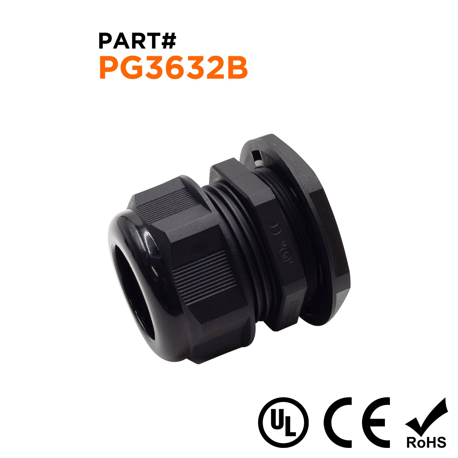 P3632B - PG36 Thread Nylon Cable Gland, Black, Range: 7/8" to 1-1/4", UL Listed, IP68, IP69K - 1 Piece