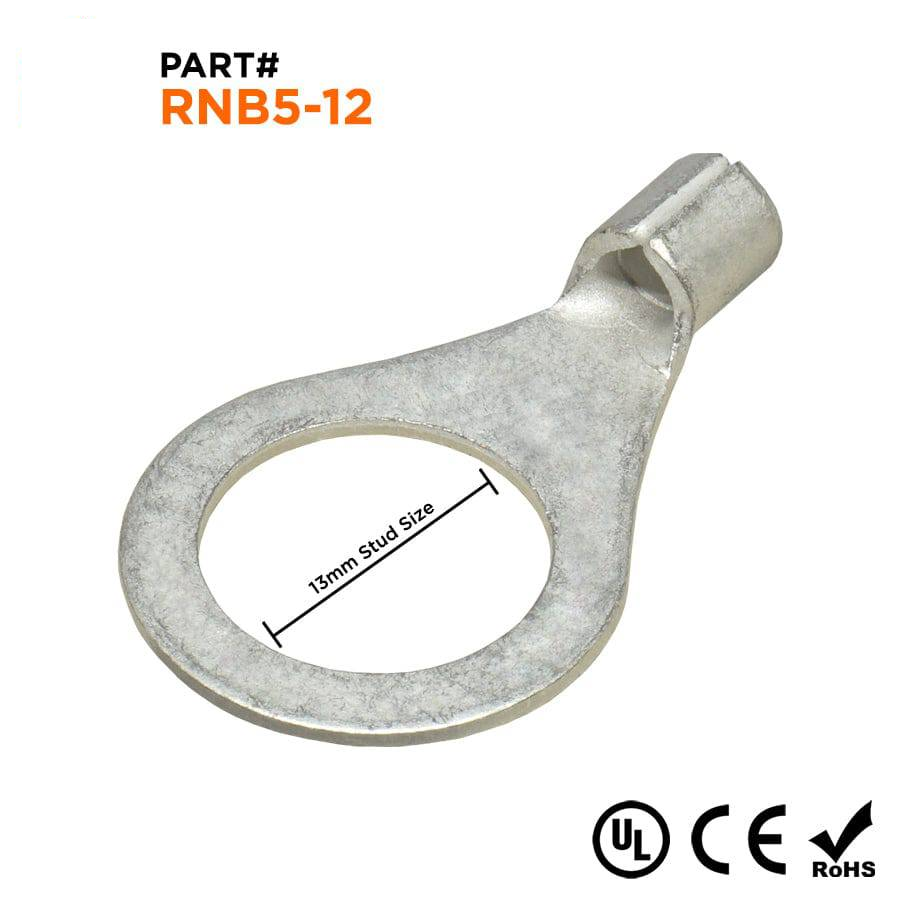 RNB5-12 - 12 to 10 AWG Non Insulated Ring Terminals, 1/2" Stud, UL Recognized, 100 Pieces
