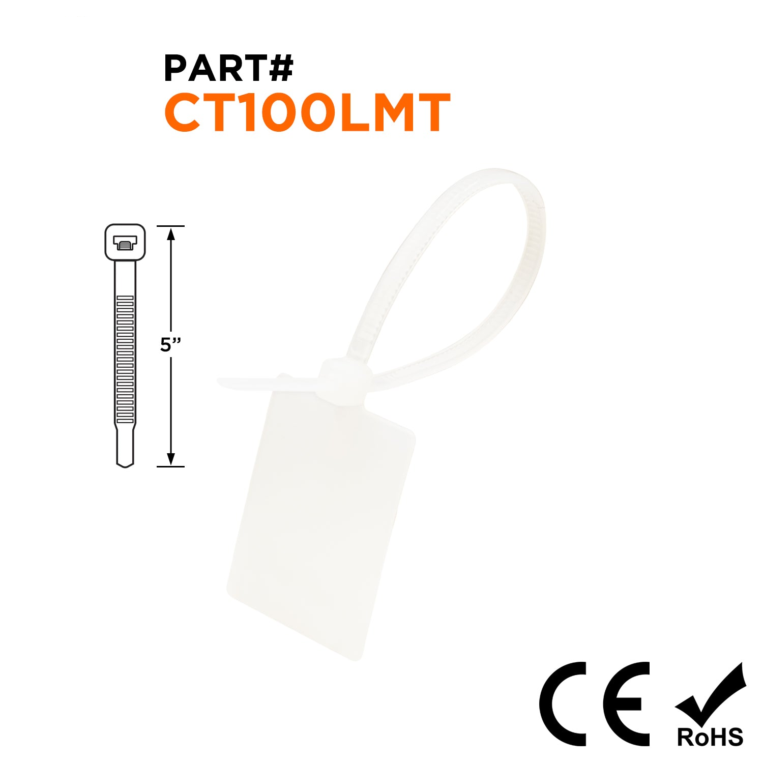 CT100LMT - 5" Identification Nylon Cable Ties, 18-Lb Tensile Strength, Natural, UL Recognized, 100 Pieces