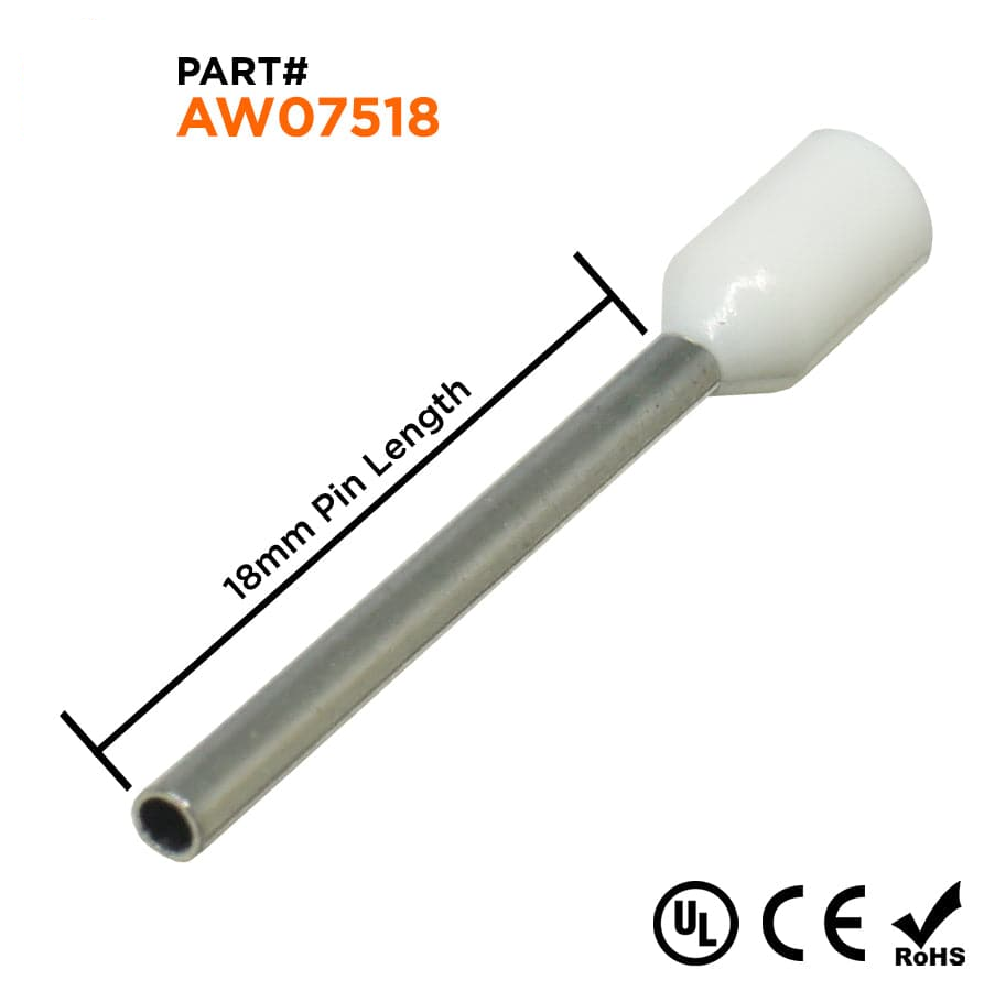 AW07518 - 20 & 18 AWG Insulated Wire Ferrules, 18mm Pin, White, UL Recognized, 500 Pieces