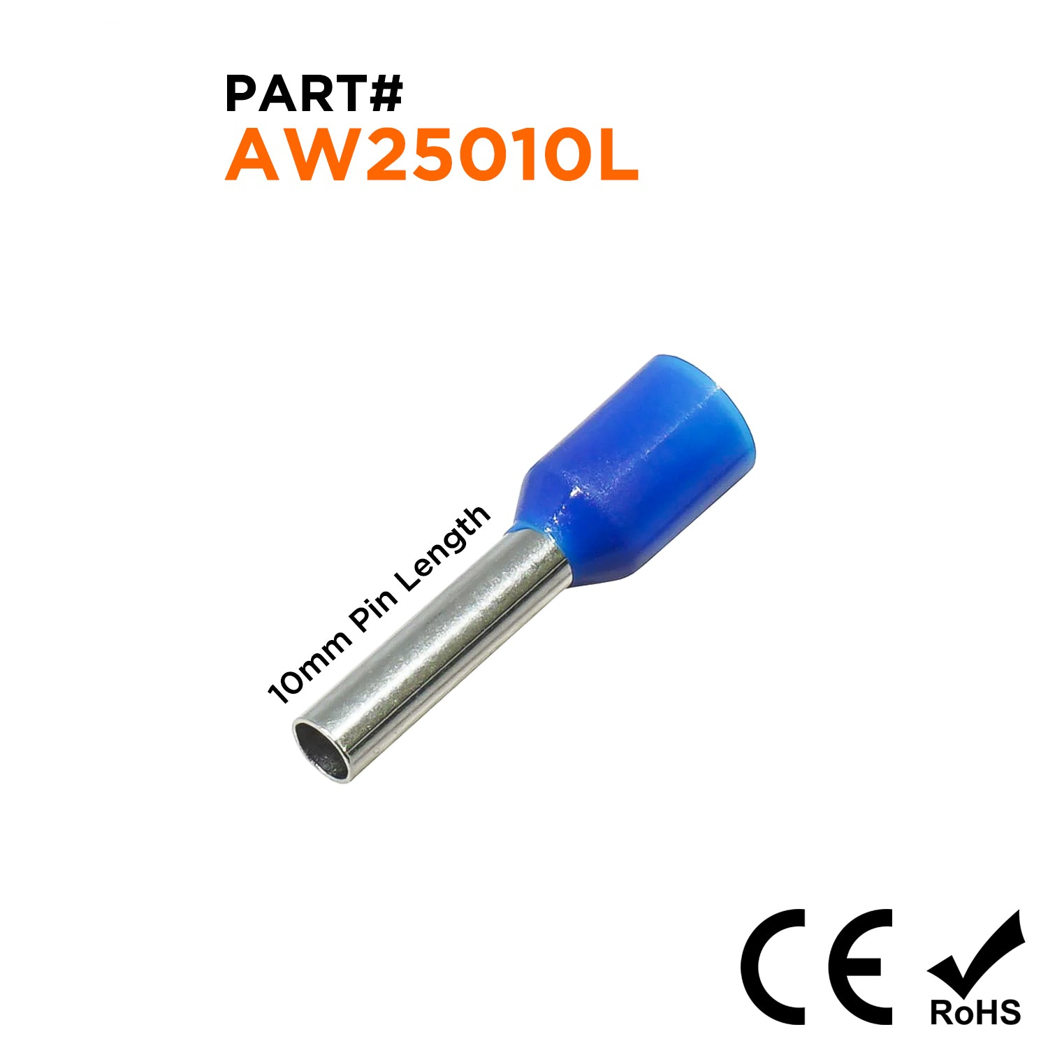 AW25010L - 14 AWG Insulated Wire Ferrules, 10mm Pin, Blue, Wide Collar, 500 Pieces