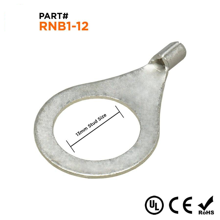 RNB1-12 - 22 to 16 AWG Non Insulated Ring Terminals, 1/2" Stud, UL Recognized, 50 Pieces