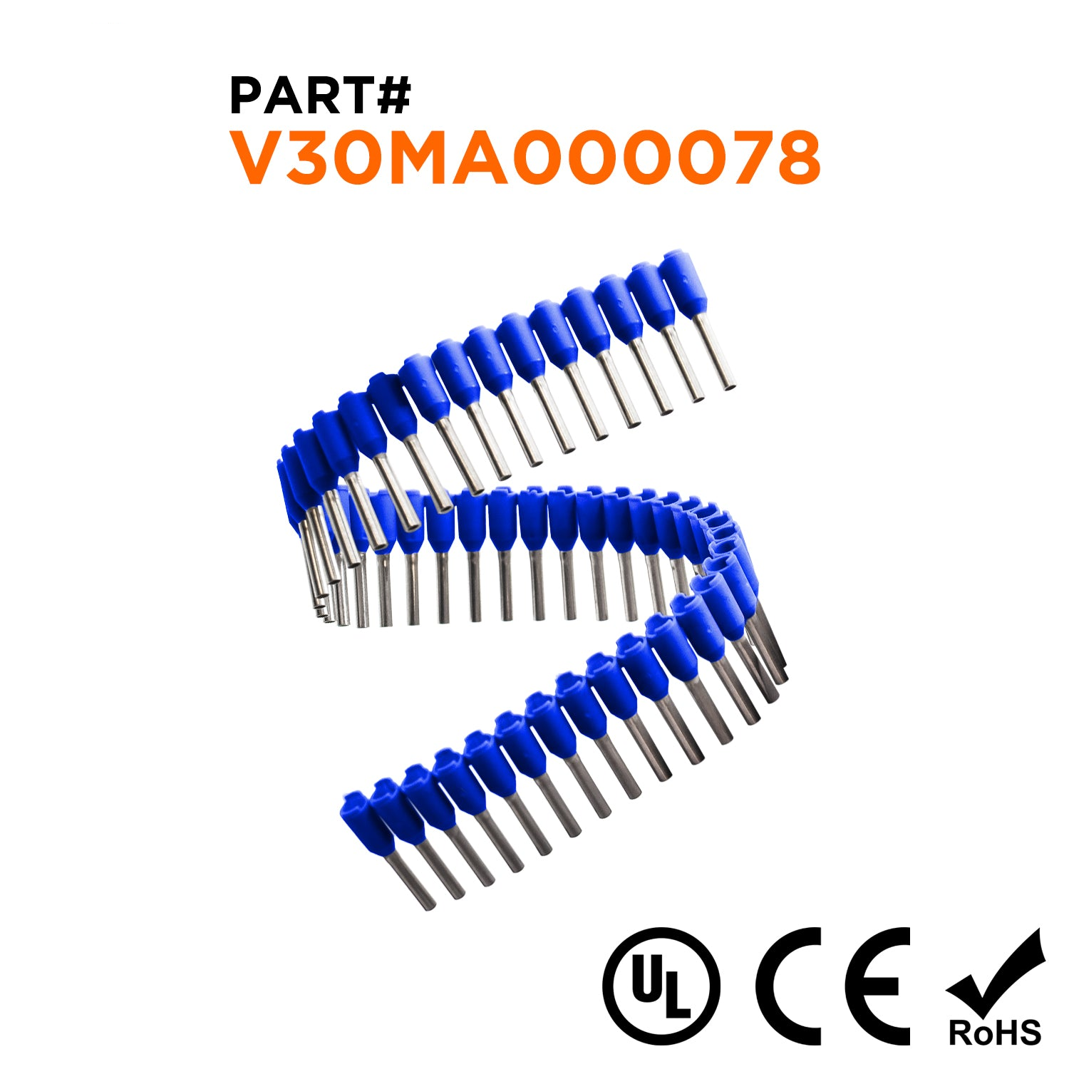 Z+F V30MA000078 - 14 AWG Insulated Wire Ferrules Strips, 8mm Pin, Blue, 500 pieces