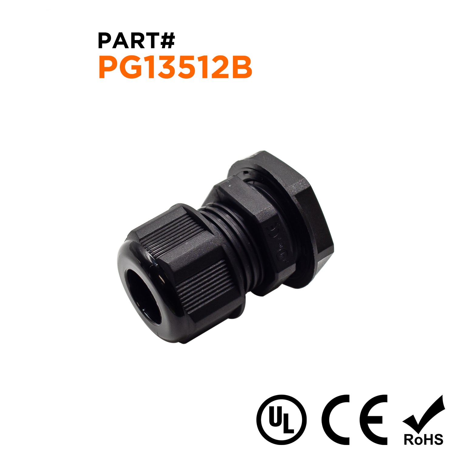 P13512B - PG13.5 Thread Nylon Cable Gland, Black, Range: 1/4" to 1/2", UL Listed, IP68, IP69K - 1 Piece