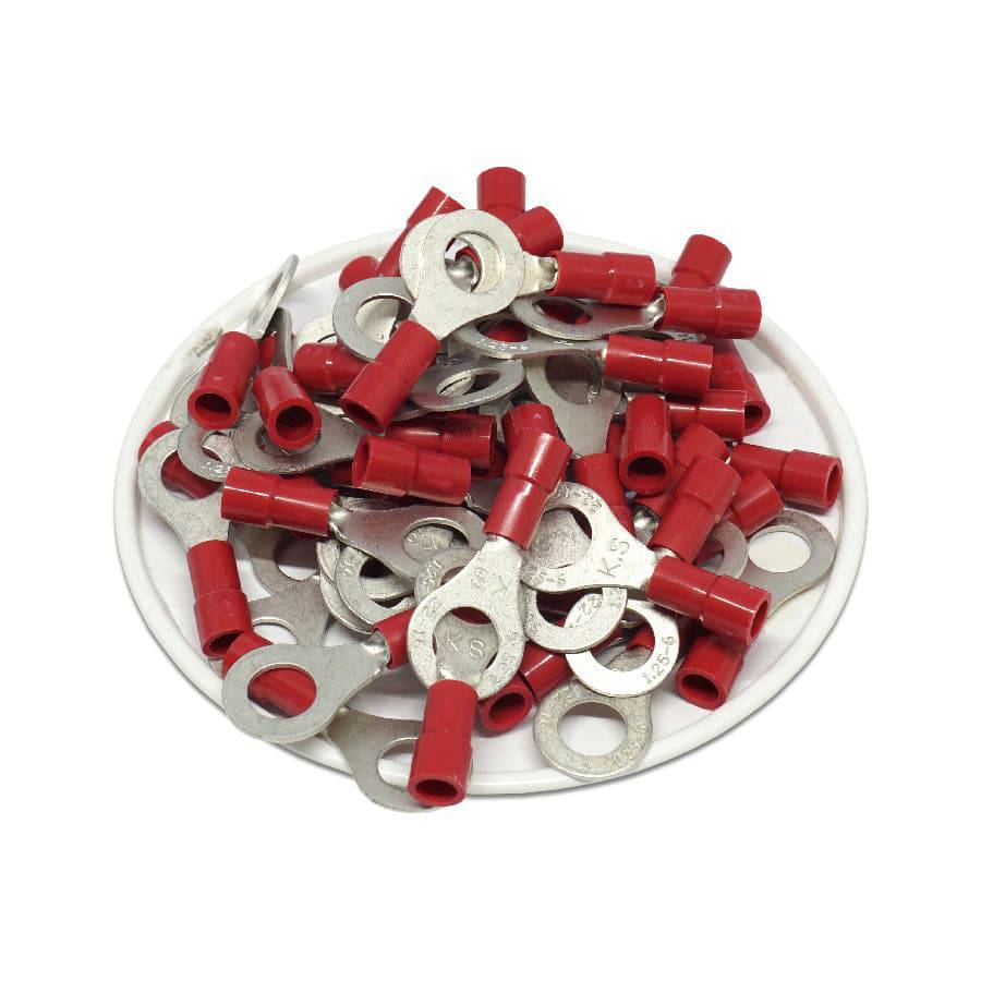 RVY1-6 - 22 to 16 AWG Molded PVC Vinyl Insulated Ring Terminals, Easy Entry, 1/4" Stud, 100 Pieces