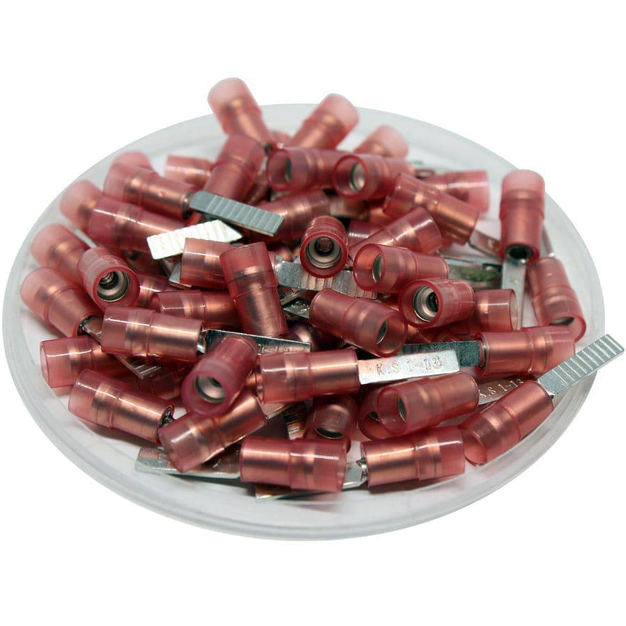 DBNYD1-13 - 22 to 16 AWG Nylon Flat Blade Terminals, Double Crimp, Red, 13mm Pin, 100 Pieces