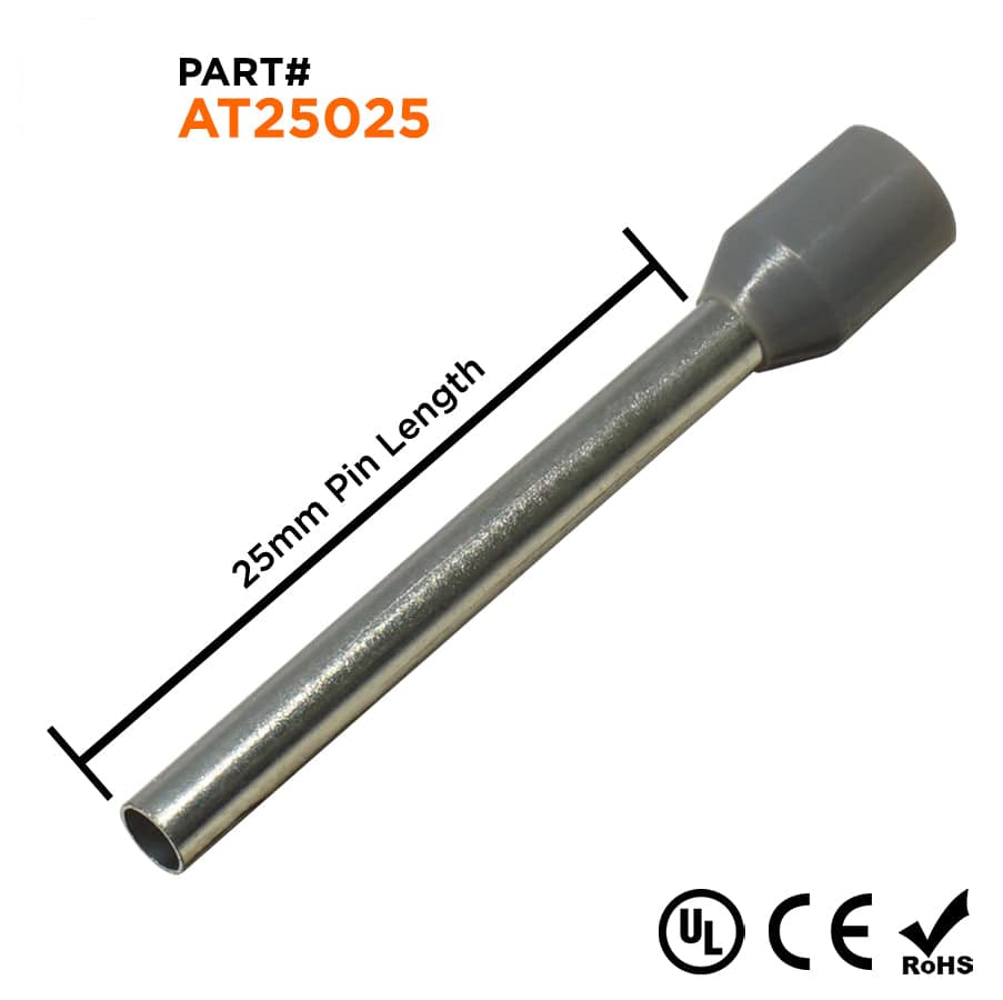 AT25025 - 14 AWG Insulated Punteras, 25mm Pin, Gris, UL Recognized, 500 piezas
