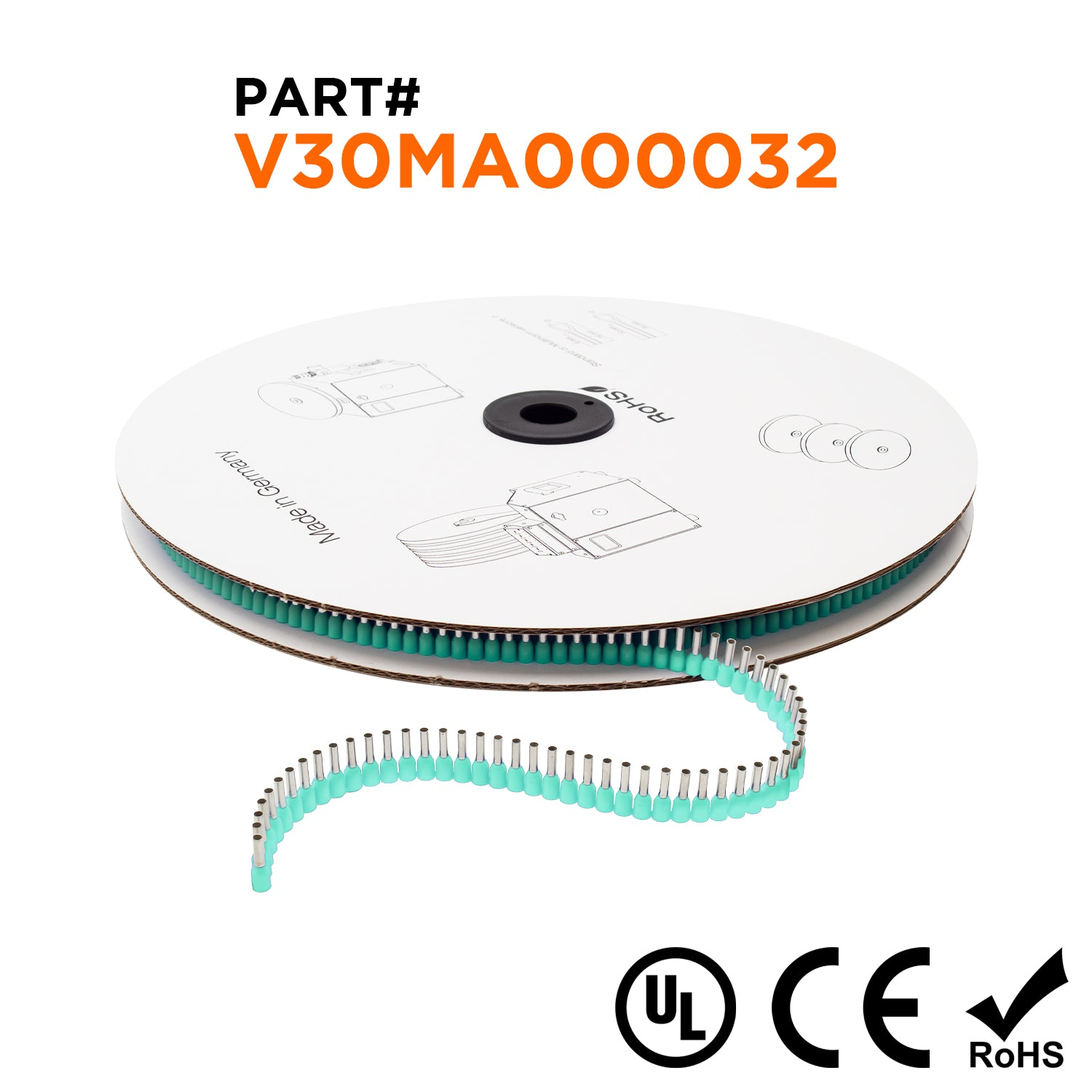 Z+F V30MA000032 - 24 & 22 AWG Insulated Punteras, 8mm Pin, Turquoise, Reel de 5,000