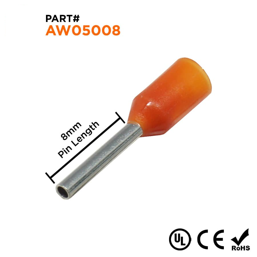 AW05008 - 22 & 20 AWG Insulated Punteras, 8mm Pin, Naranja, UL Recognized, 500 piezas