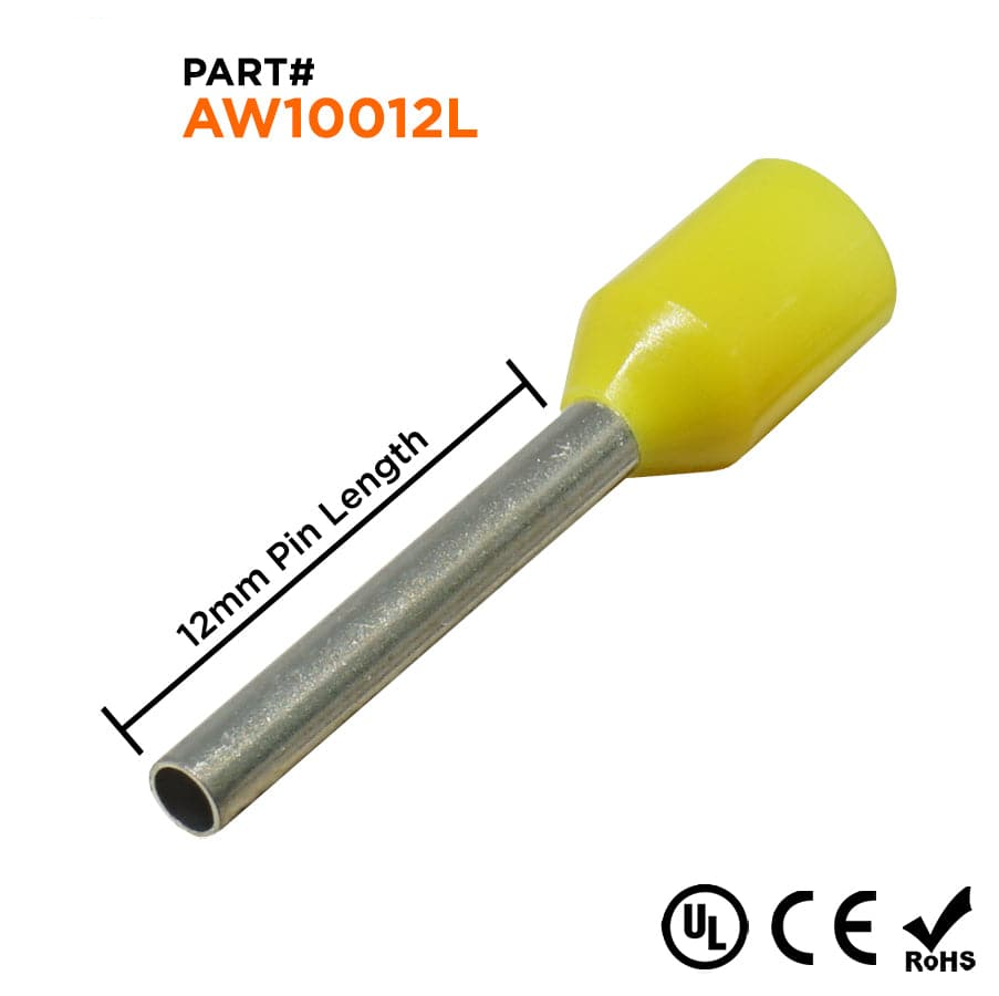 AW10012L - 18 & 17 AWG Insulated Punteras, 12mm Pin, Amarillo, Ancho Collar, UL Recognized, 500 piezas