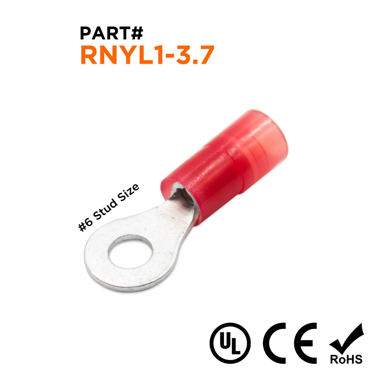 22-16 AWG Con aislamiento de nailon Terminales de anillo, #6 Orificio, Butted Seam, 100 piezas - RNYL1-37