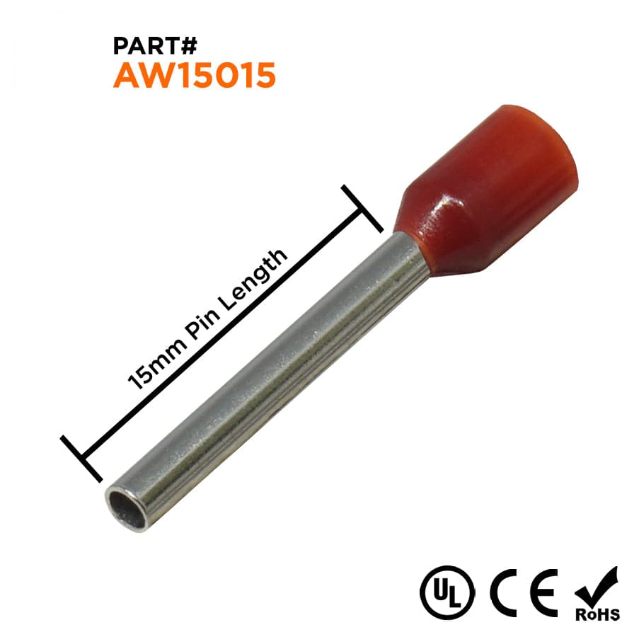 AW15015 - 16 AWG Insulated Wire Ferrules, 15mm Pin, Red, UL Recognized, 500 Pieces