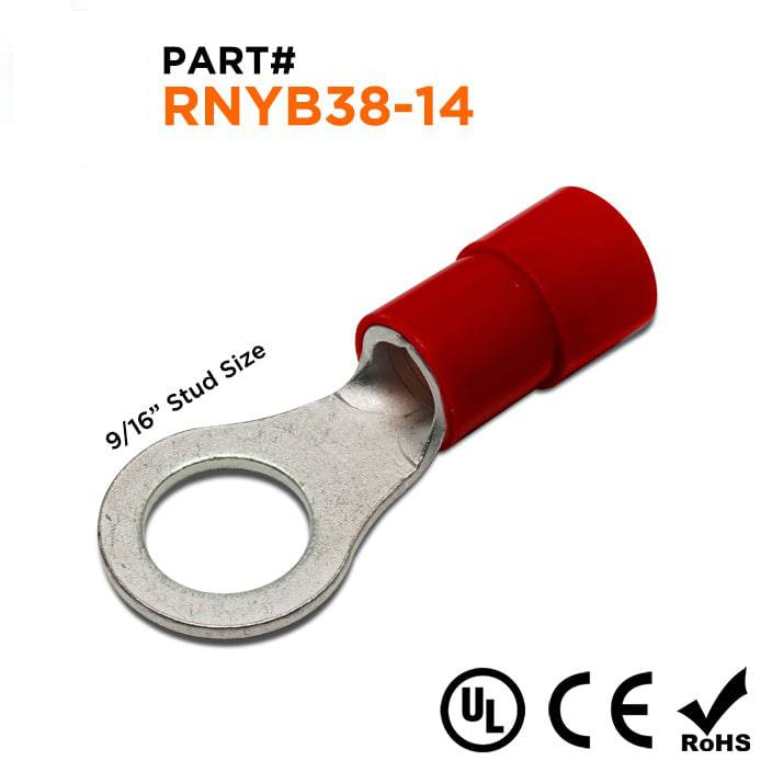 RNYB38-14 - 2 AWG Nylon Insulated Ring Terminals, 9/16" Stud, 10 Pieces