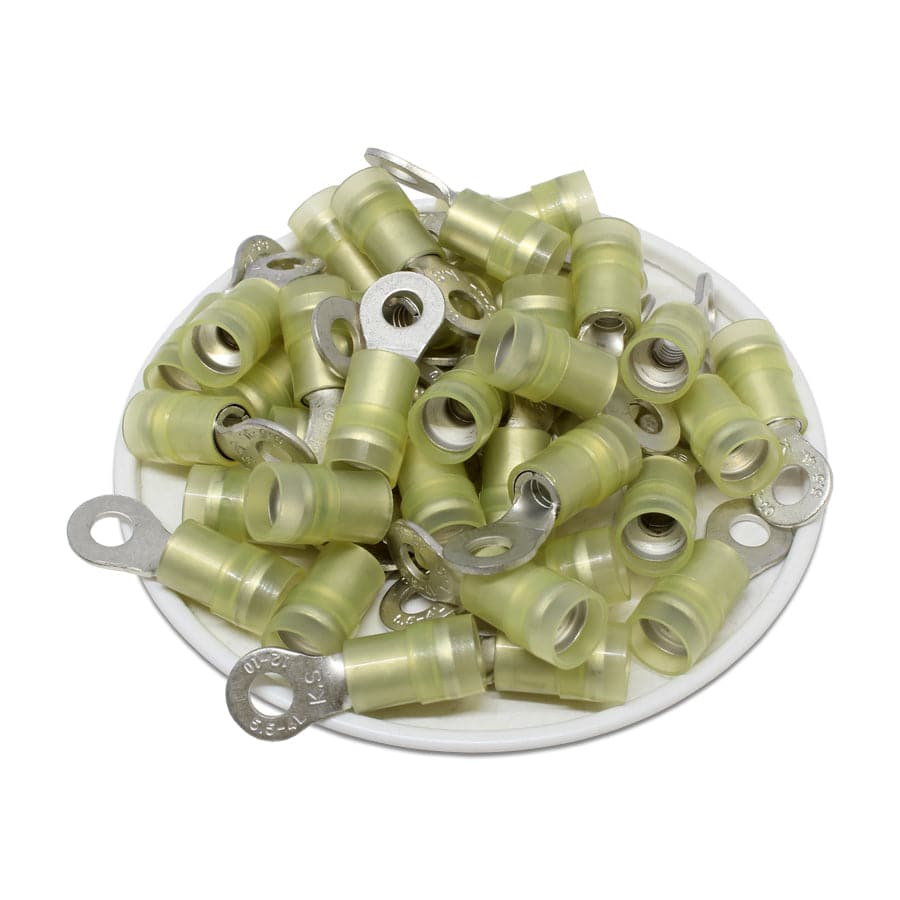 RNYDL5-4 - 12 to 10 AWG Nylon Insulated Ring Terminals, #8 Stud, Double Crimp, 50 Pieces