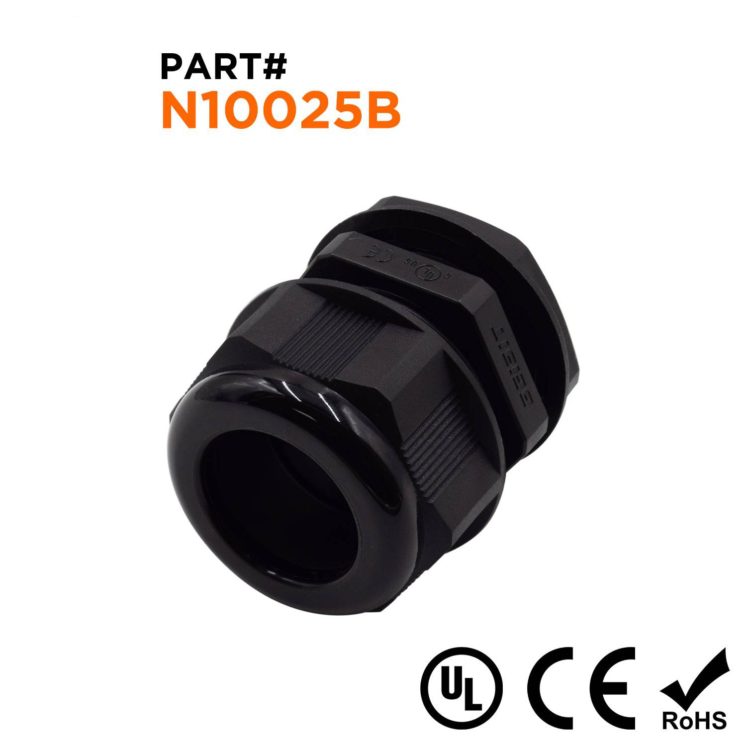 N10025B - 1" NPT Thread Nylon Cable Gland, Black, Range: 11/16" to 1", UL Listed, IP68, IP69K - 1 Piece