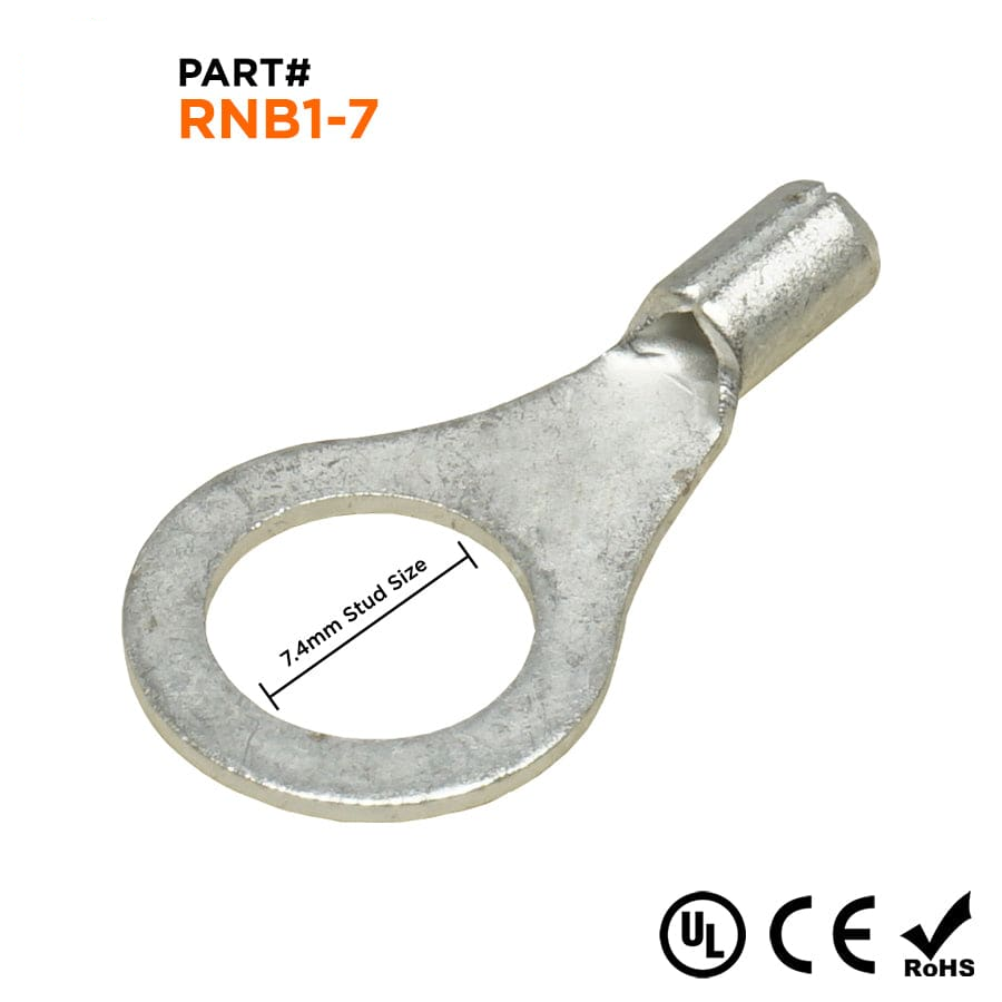 RNB1-7 - 22 a 16 AWG Sin aislamiento Terminales de anillo, 5/16" Orificio, UL Recognized, 100 piezas