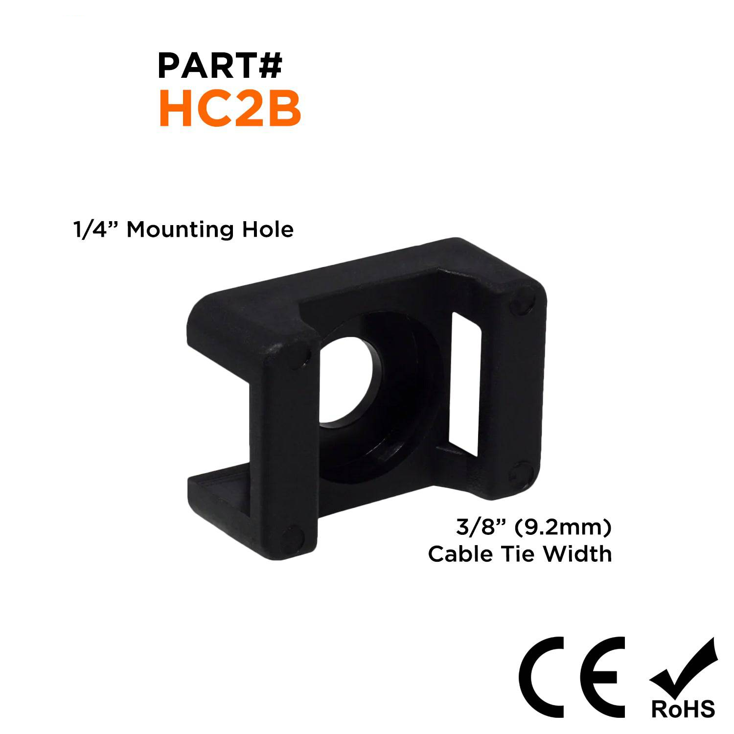 15/16"L x 5/8"W Nylon Saddle Tie Mounts - Tie Width: 3/8", Screw Width: 1/4", Black, 100 Pieces