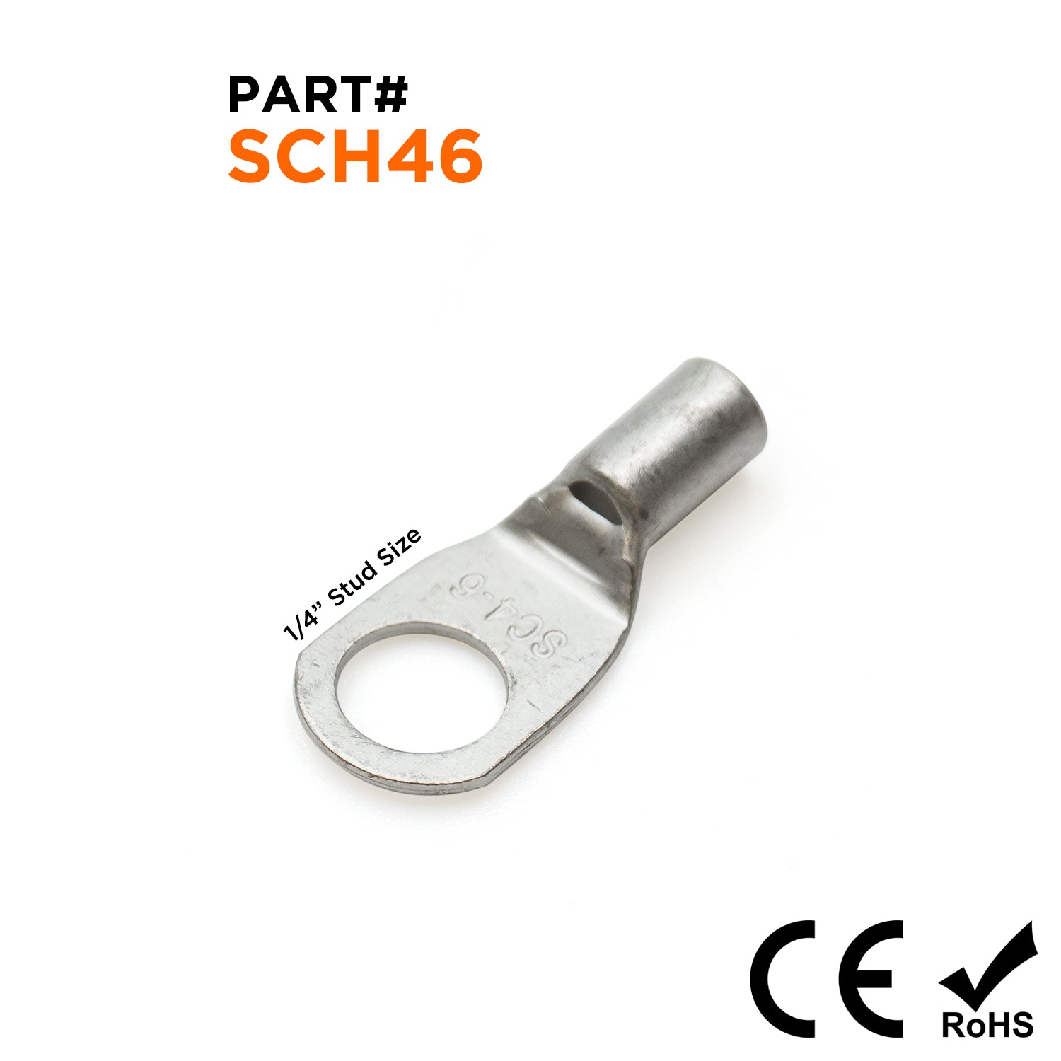 SCH46 - 12 AWG Non Insulated Tubular Ring Lugs, 1/4" Stud, 100 Pieces