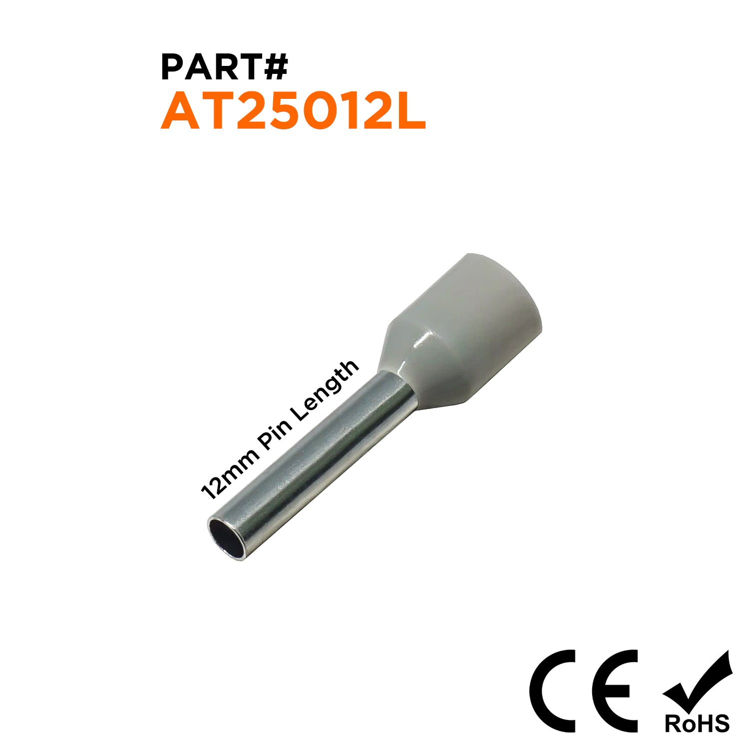 AT25012L - 14 AWG Insulated Punteras, 12mm Pin, Gris, Ancho Collar, 500 piezas