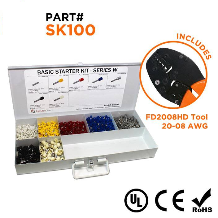 SK100 - 20 to 8 AWG Wire Ferrules Basic Kit + FD2008HD Tool, 2,450-Pieces, Series W, 1 Kit