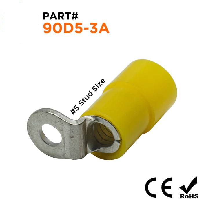 90D5-3A - 12 to 10 AWG Right Angle Nylon Insulated Ring Terminals, #4 Stud, 50 Pieces