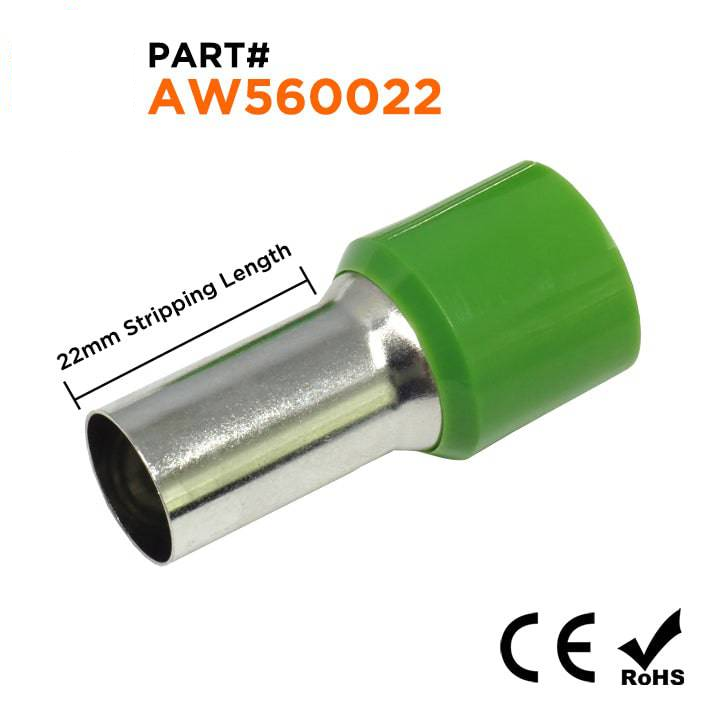 AW560022 - 0 & 1/0 AWG Single Insulated Wire Ferrules, 22mm Pin, Olive Green, 25 Pieces