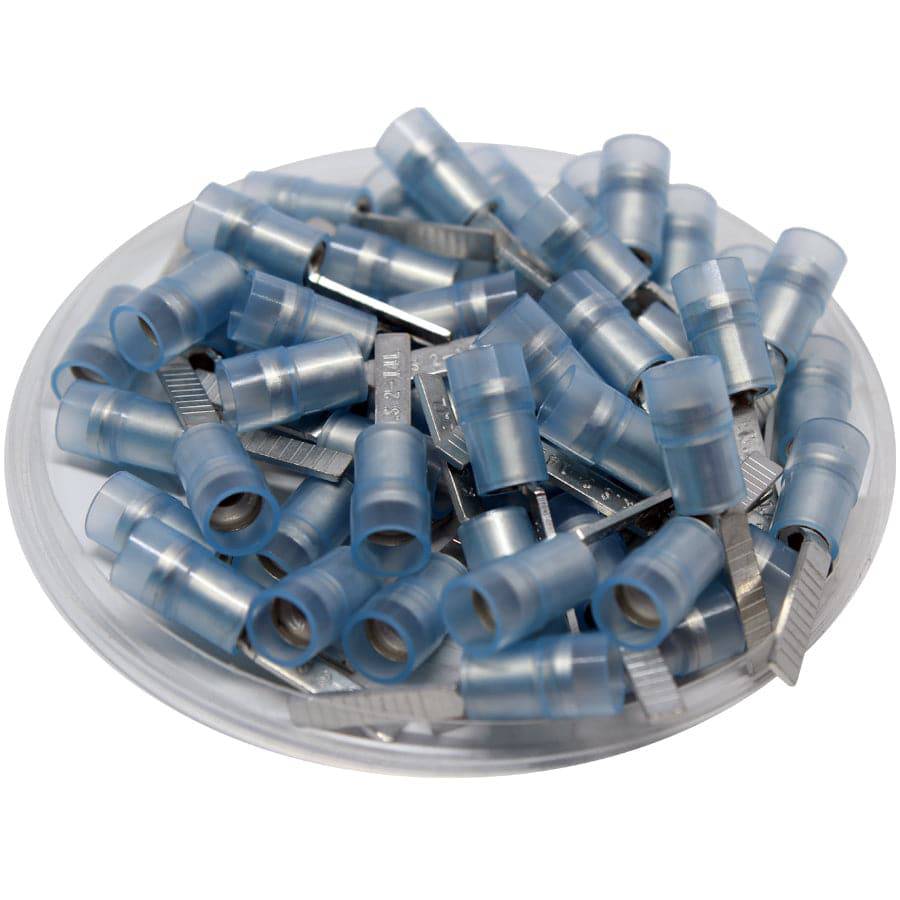 DBNYDL2-14 - 16 to 14 AWG Nylon Flat Blade Terminals, Double Crimp, Blue, 14mm Pin, 100 Pieces