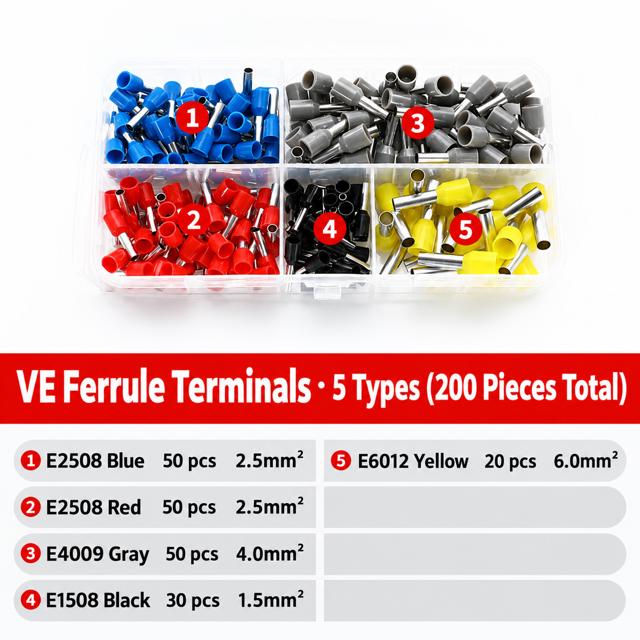 VE Ferrule Terminal Kit, 5 Types, 200 Pieces