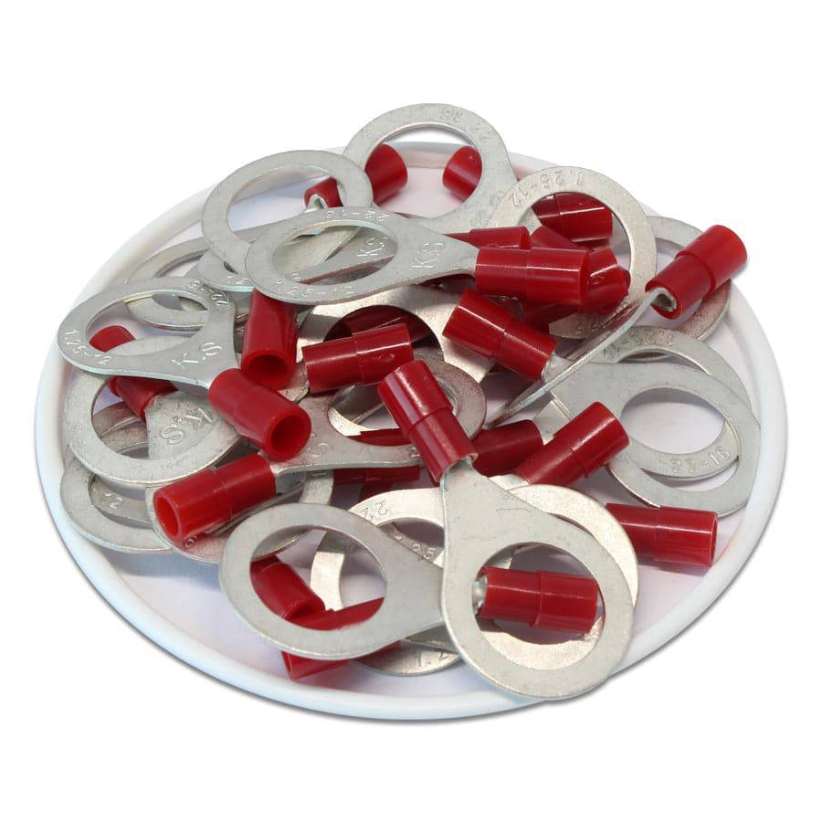 RNY1-12 - 22 to 16 AWG Nylon Insulated Ring Terminals, 1/2" Stud, Butted Seam, 100 Pieces