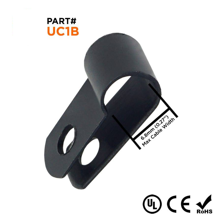 UC1B - 1/4" Cable Abrazaderas De nailon R-Type Cable Conductor & Cord Abrazaderas, Color: Negro - 100 piezas