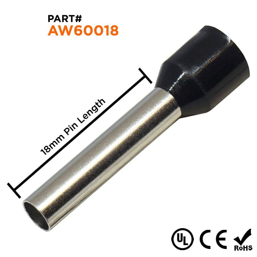 AW60018 - 10 AWG Insulated Punteras, 18mm Pin, Negro, UL Recognized, 100 piezas