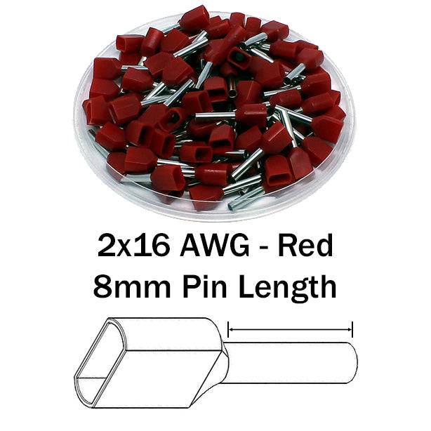 TW15008 - 16 AWG Twin Punteras, 8mm Pin, Rojo, 500 piezas