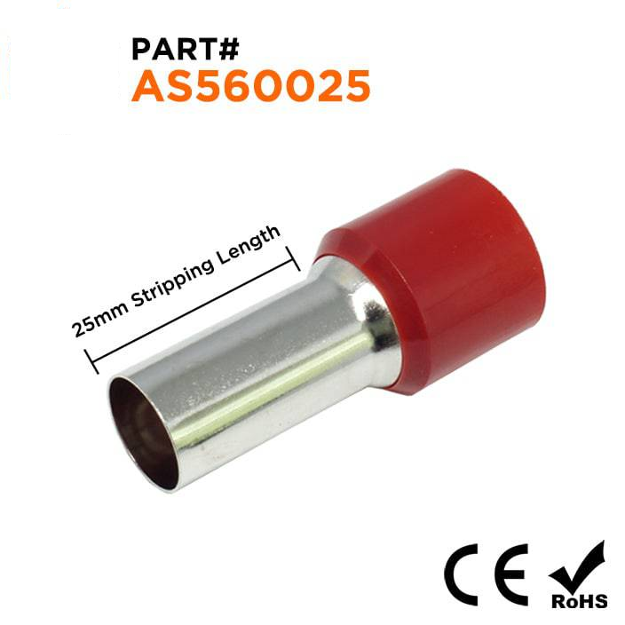 AS560025 - 0 & 1/0 AWG Single Insulated Wire Ferrules, 25mm Pin, Red, 25 Pieces