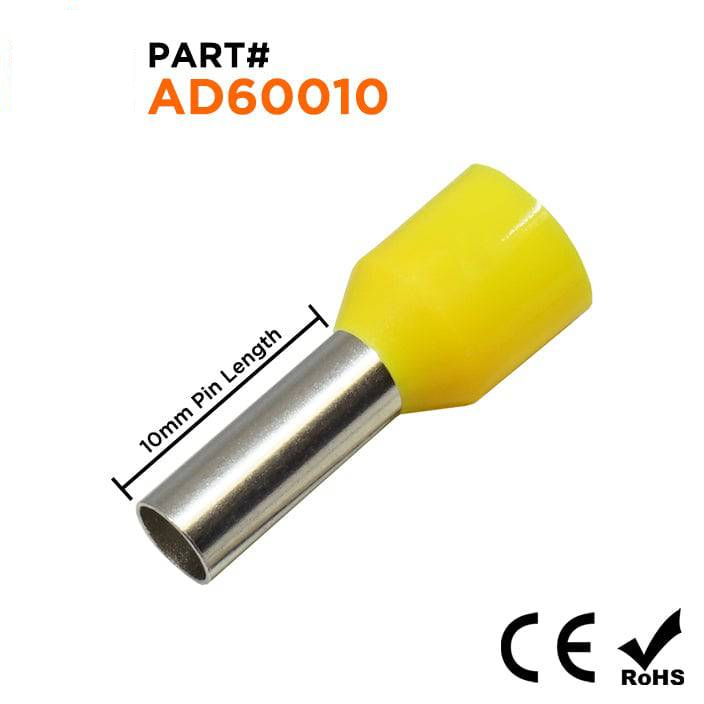 AD60010 - 10 AWG Insulated Punteras, 10mm Pin, Amarillo, 100 piezas