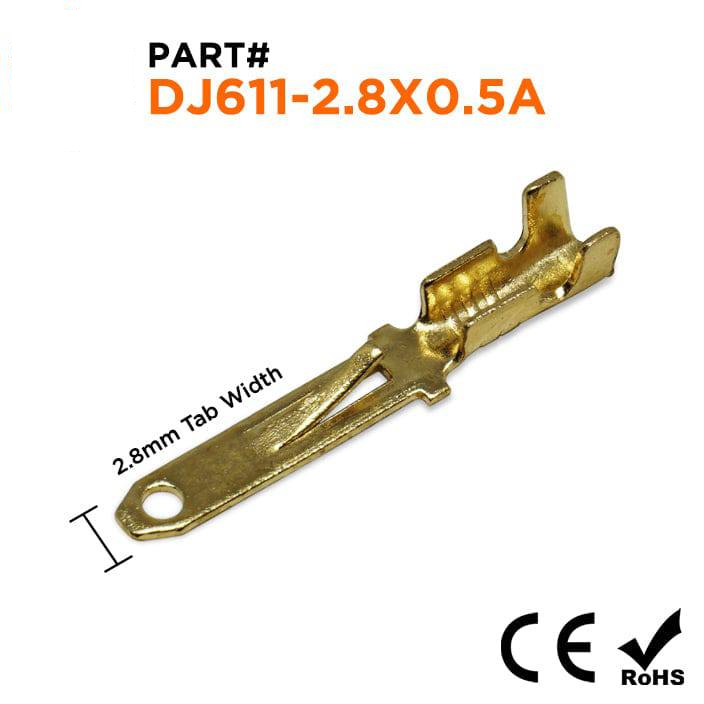 DJ611-2.8X0.5A - 22 a 16 AWG Male Terminales de desconexión rápida, 2.8mm NEMA Tab, Brass, 100 piezas
