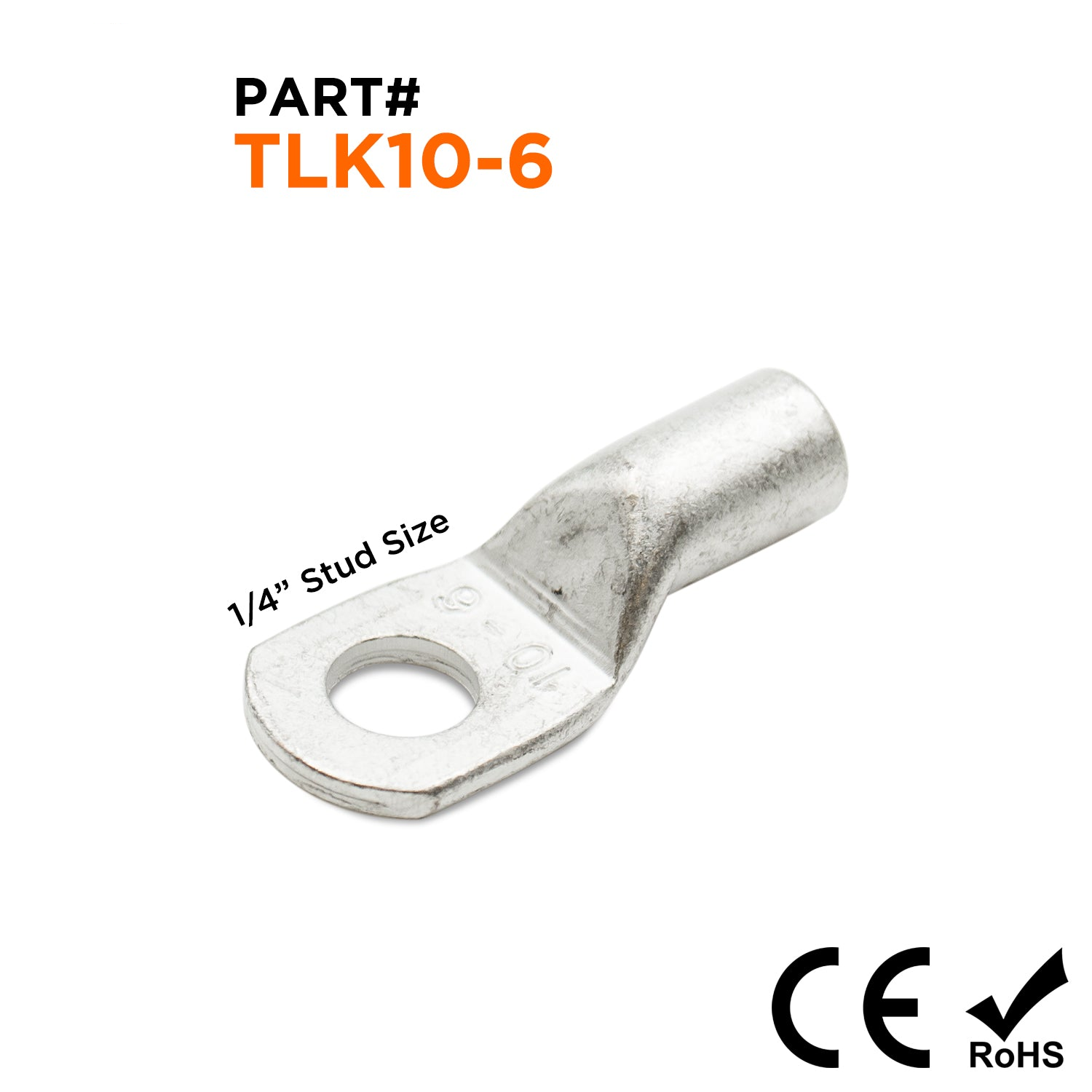 TLK10-6 - 8 AWG Copper Tube Lugs, 1/4" Stud, Tin Plated - 1/4" Stud, 25 Pieces