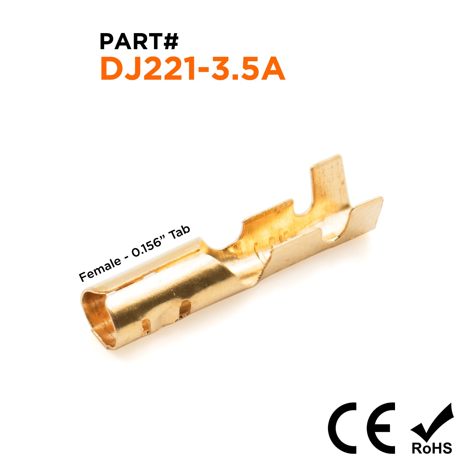 DJ221-3.5A - 22 to 18 AWG Bullet Connectors, Female, Open Barrel, Brass, 0.156" Tab, 100 Pieces